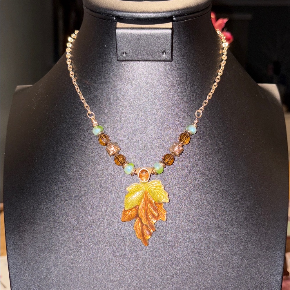 Kenneth Cole Gold Leaf Necklace with Green and Brown Beads